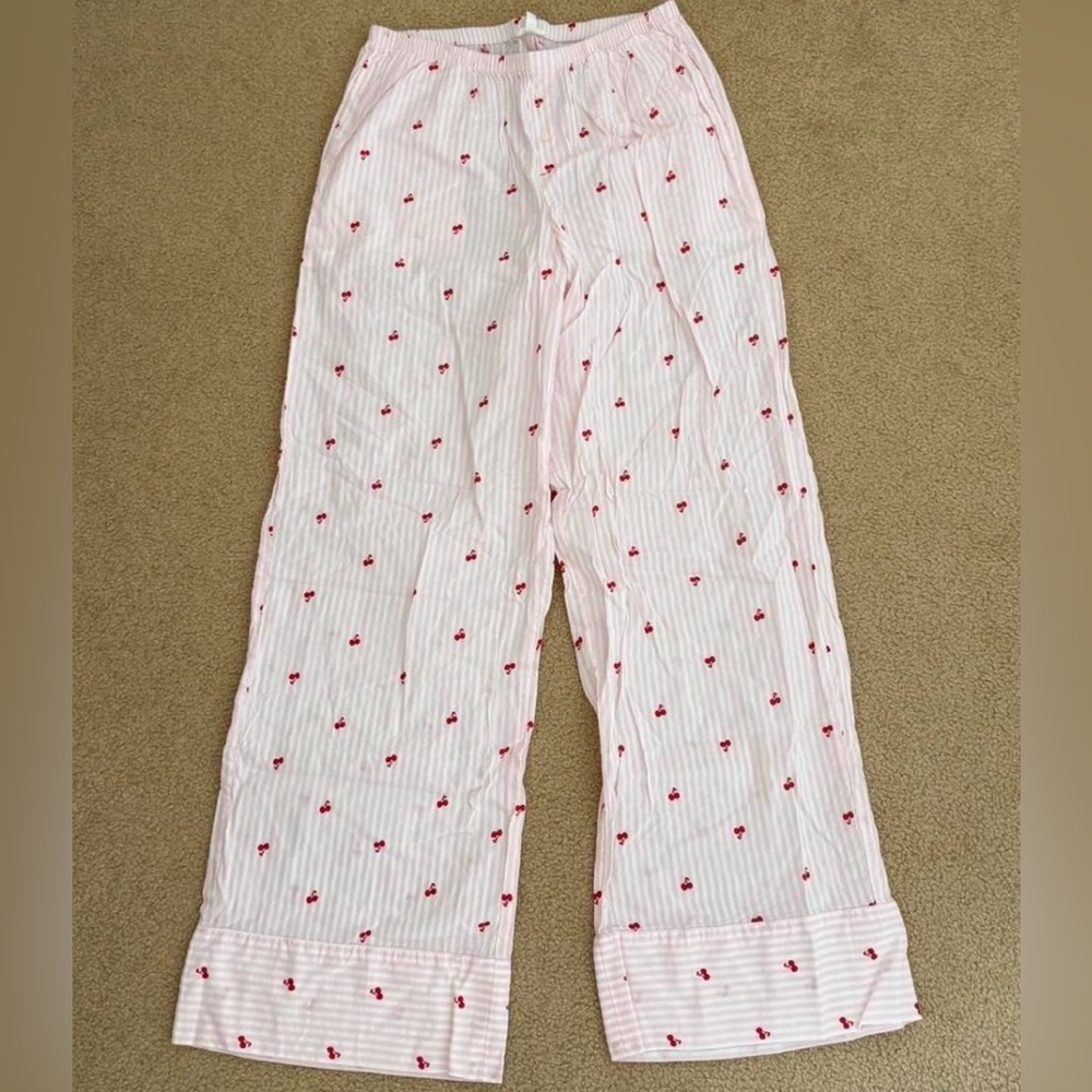 Awirie seersucker pink striped cherry pajama pants